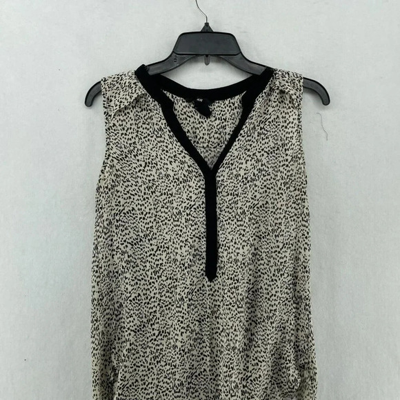 H&M Tank Top Women Sz 2 Cream Beige Black Dots Print V-Neck Piping Long Back Hem - Picture 6 of 11